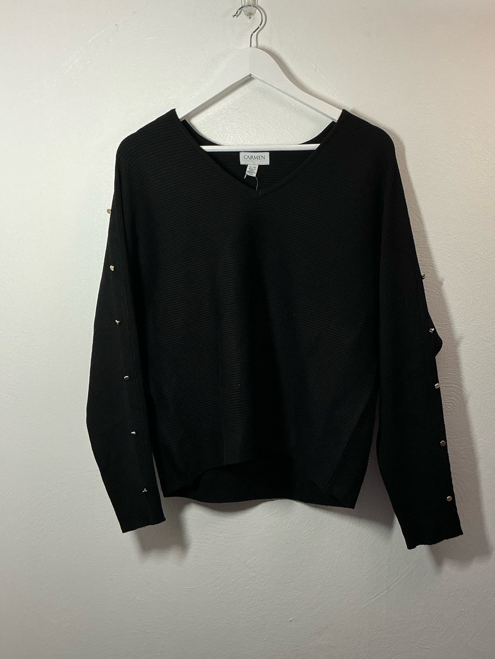 Carmen Marc Valvo Black V-Neck Sweater with Sleeve Stud Details Size XL